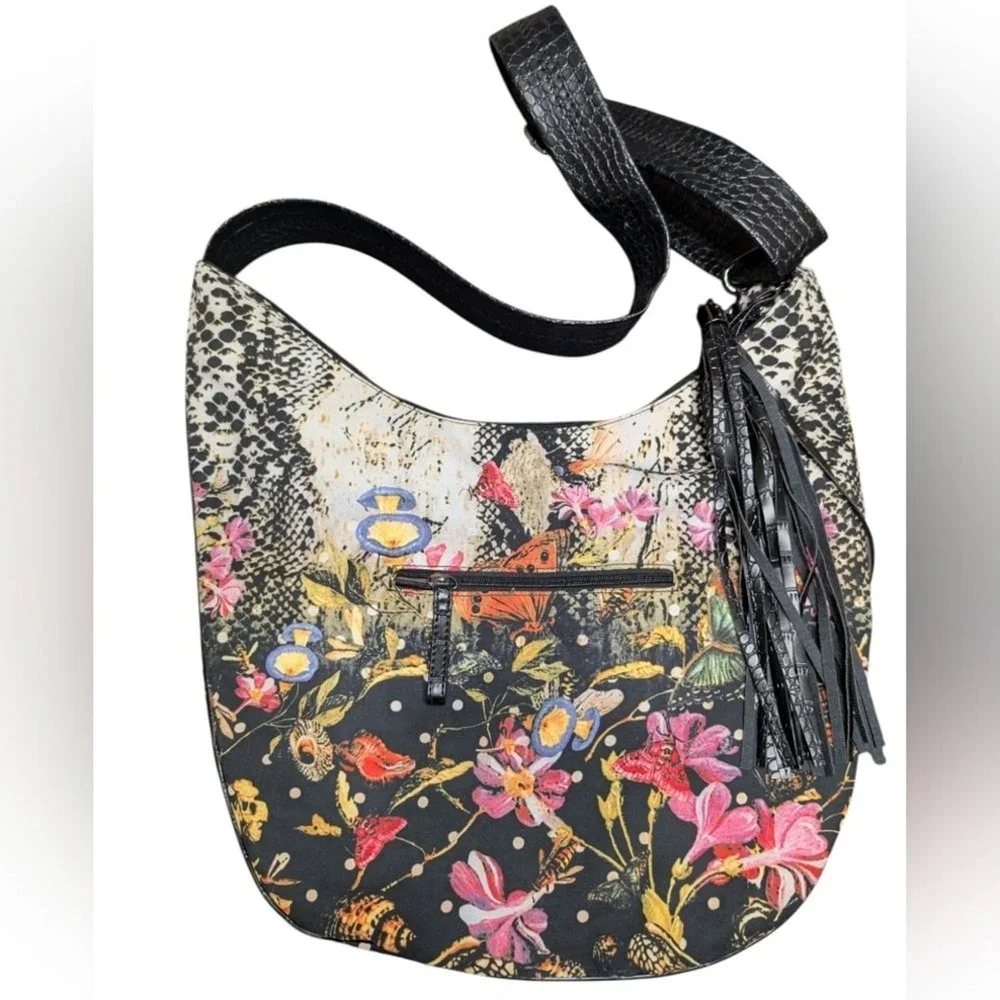 Expressions NYC Butterfly‎ Floral Studded Boho Crossbody Hobo Bag Tassel Detail